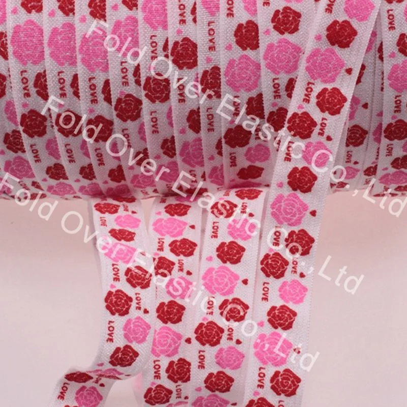 15mm Ink Valentine Rose Printed Shinny FOE Fold Over Elastic Ribbon For Girls Headbands 100yards