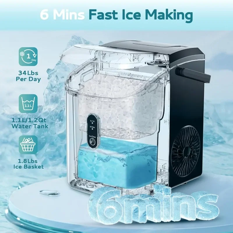 EUHOMY Nugget Ice Maker Countertop with Handle, Ready in 6 Mins, 34lbs/24H, Removable Top Cover, Portable Pebble Ice Maker