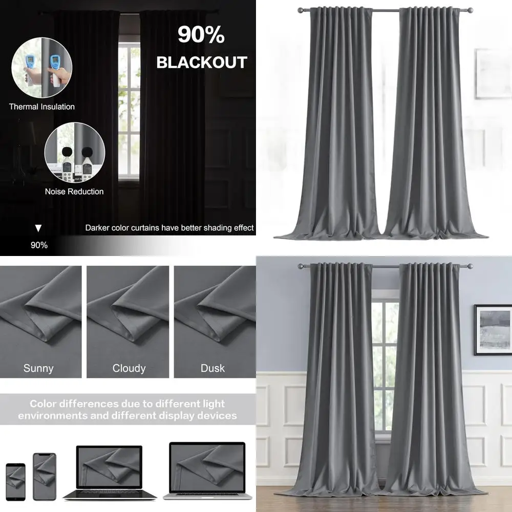 120 Inch Grey Thermal Insulated Blackout Curtains with Back Tab and Rod Pocket, 52x120, 2-Panel Set