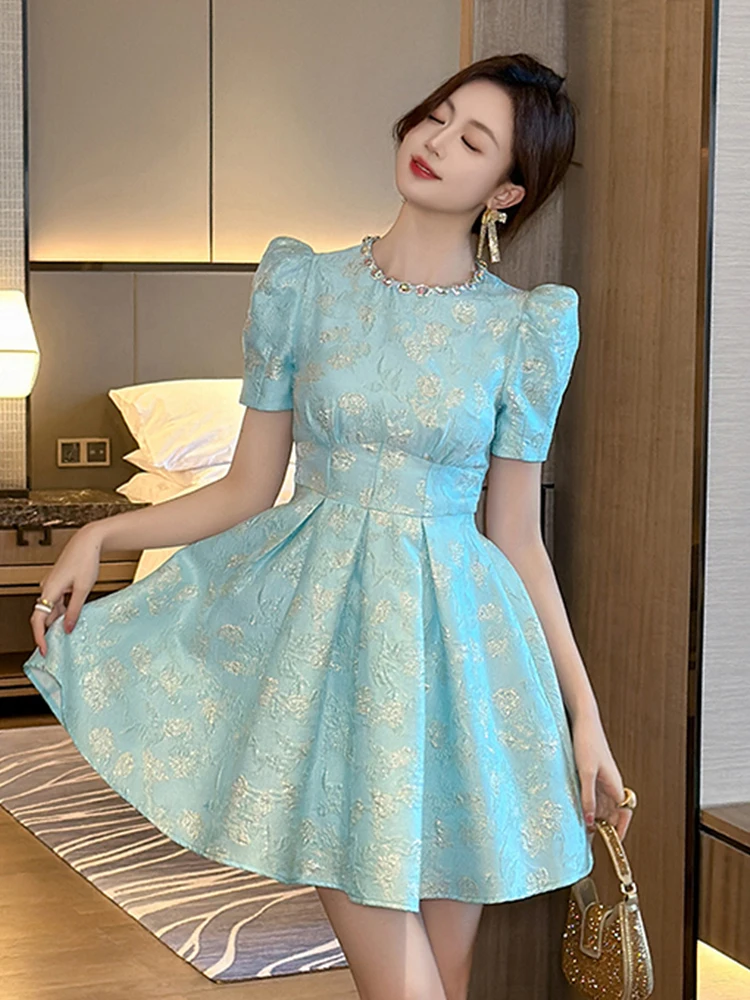 Elegant Luxury Sweet Jacquard Floral Gown Evening Dress Women Clothes Retro Puff Sleeve Corset Short A-Line Party Prom Vestidos