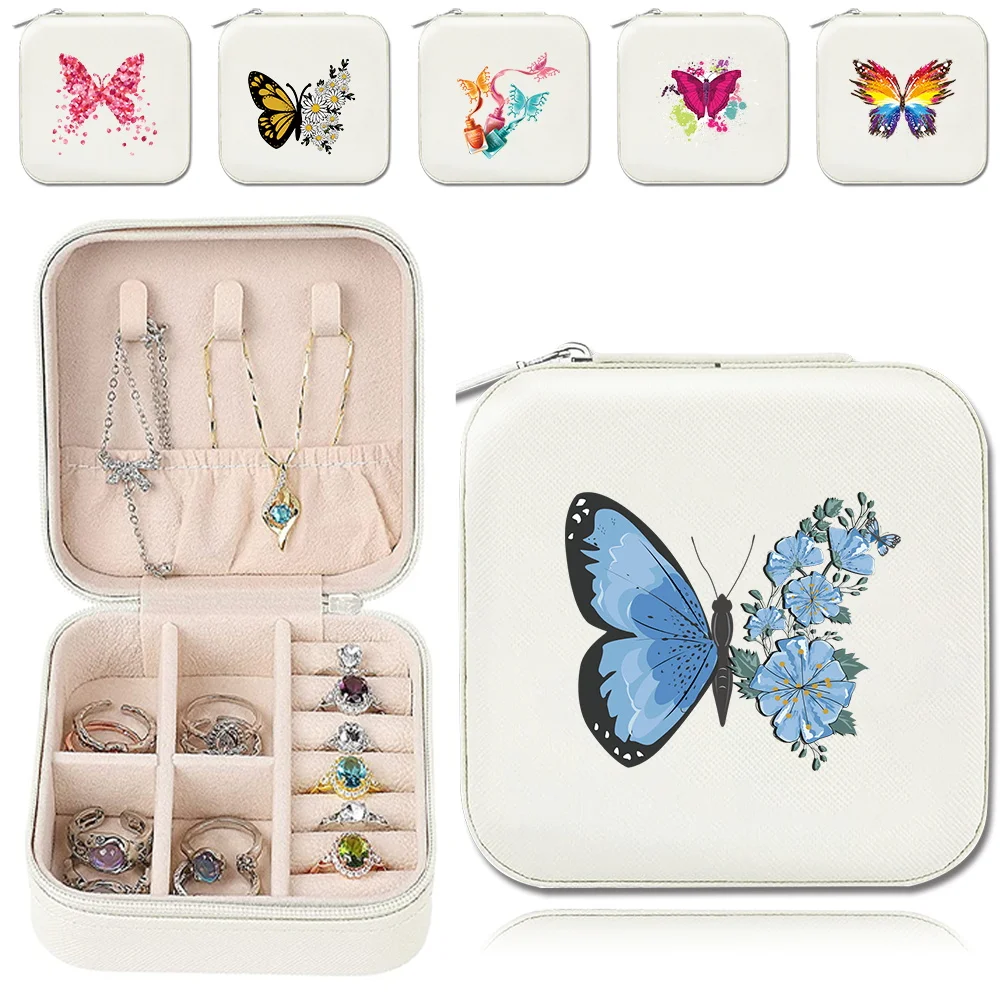 

Fashion Jewelry Packaging Box Single Organizer Case Ladies Travel Leather Jewelry Boxes Butterfly Print Small Fine Storage Bag