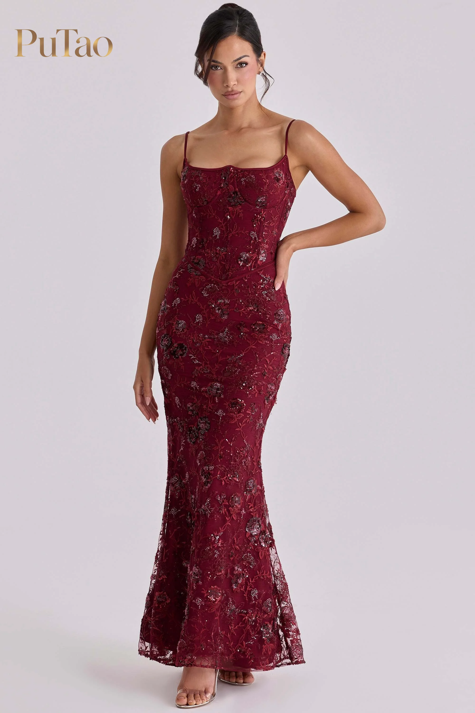 putao-burgundy-spaghetti-strap-mermaid-evening-dress-corset-bodice-floral-lace-sequin-beading-floor-length-formal-wedding-guest