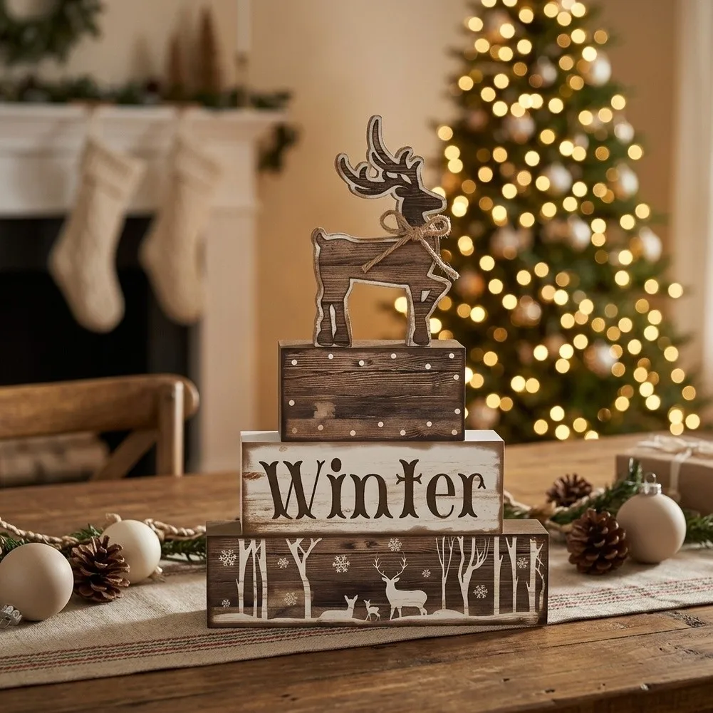 3-Layer Stacked Wood Block Decor Featuring Reindeer Snowflakes For Seasonal Holiday Display On Mantels Shelves And Entry Tables