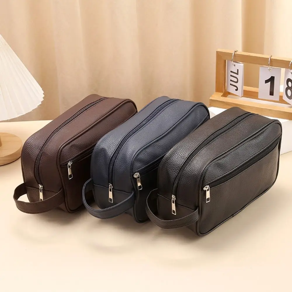 Portable Large Capacity Men Cosmetic Bag PU Leather Cosmetics Organizer Zipper Makeup Bags Storage Pouch Travel Toiletry Bag