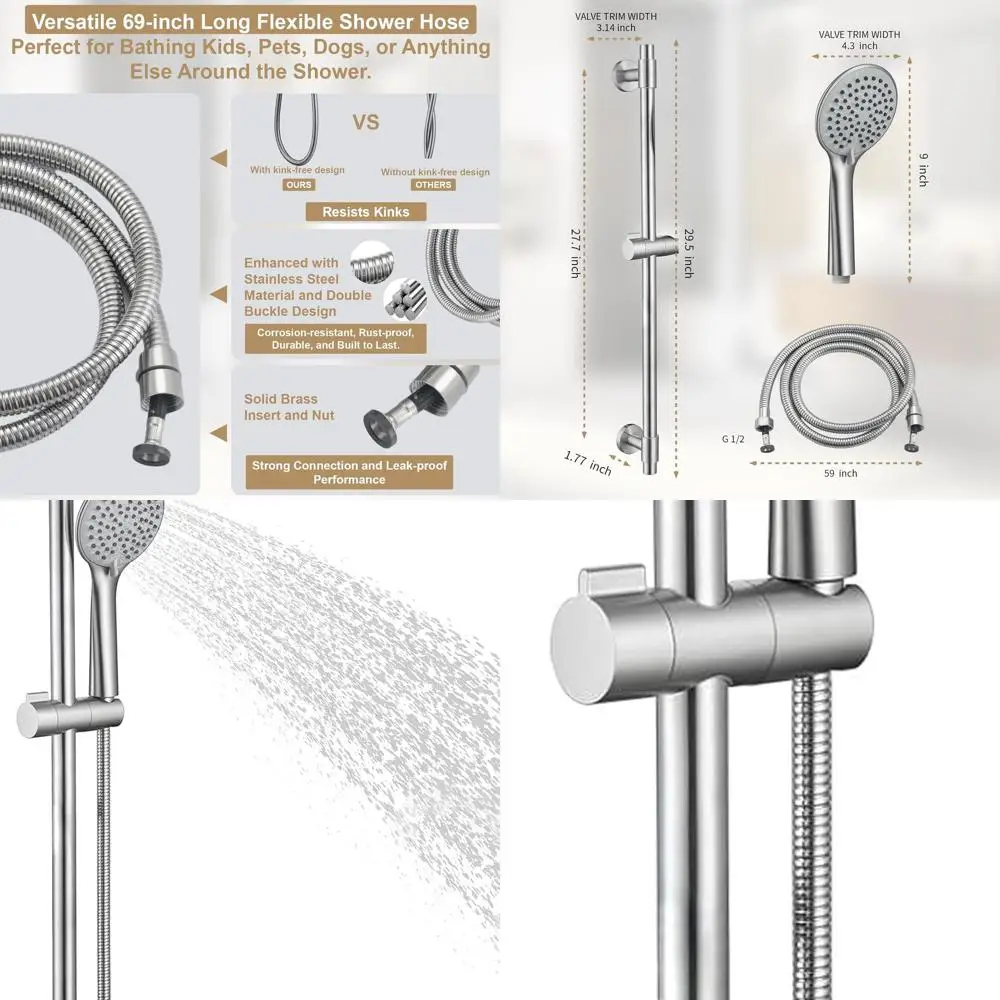

5-Function Handheld Shower Head with Adjustable Stainless Steel Slide Bar and Extended Hose in Brushed Nickel