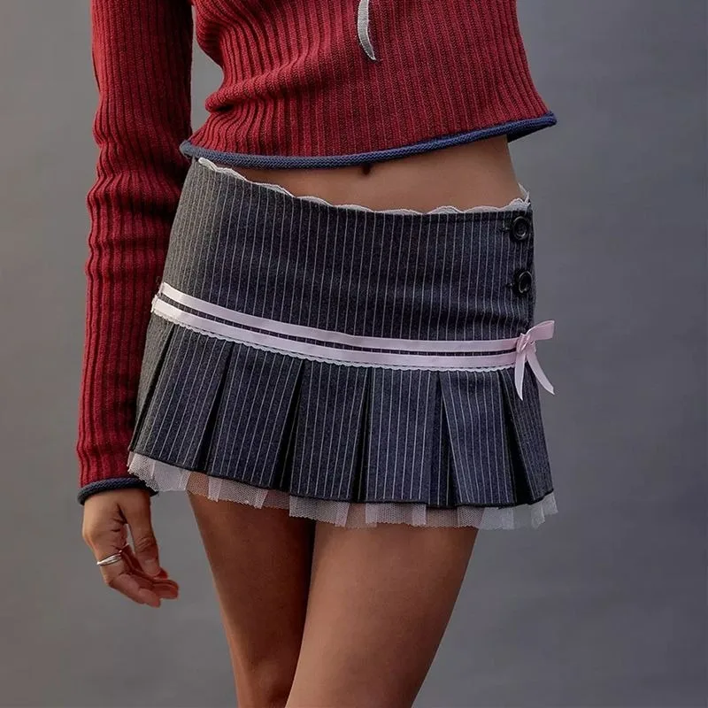 

European American Fashion High Street Skirt Autumn New Subculture Striped Ballet Skirt Vintage Design Sense Pleated Jk Miniskirt