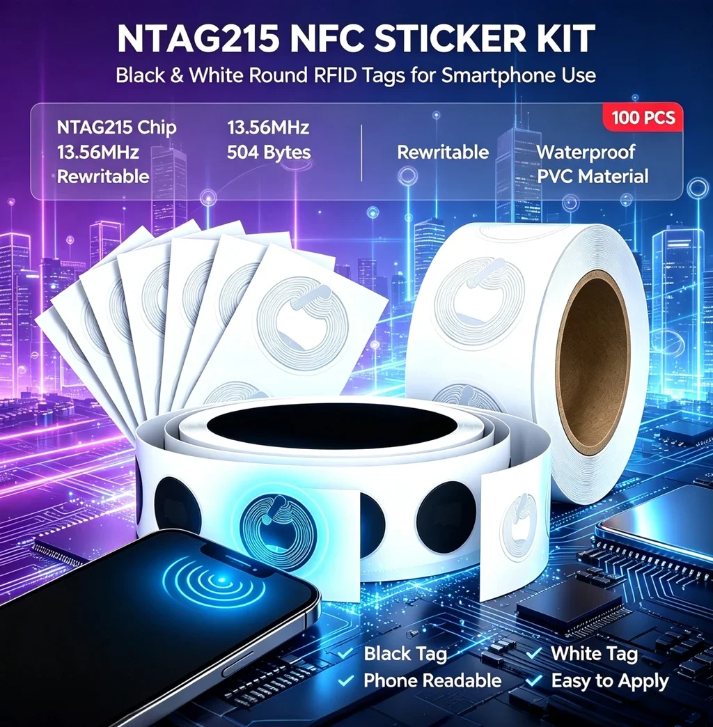 50-100PCS NTAG215 NFC Tags Stickers Blank Rewritable Adhesive Labels, 504 Bytes Memory, Compatible with NFC Enabled Smartphones