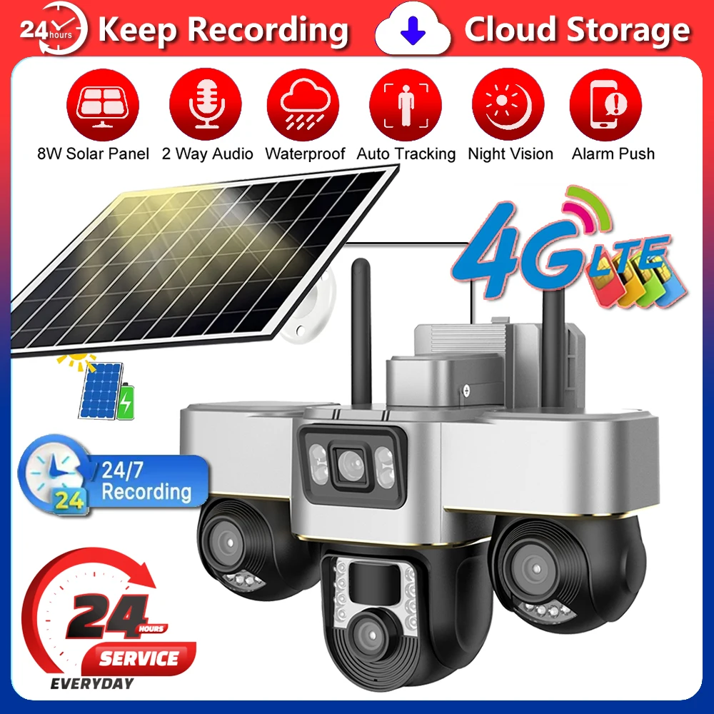

4G Solar Camera with SIM Card 100M Data 3 PTZs Remote Control Rotation Outdoor Smart Home Security Protection PTZ CCTV Cameras