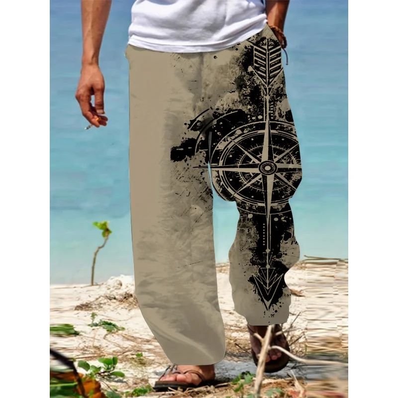 Men'S Spring And Fall Fashion Casual Pants Arrow And Compass Pattern With Drawstrings Stretchy Casual Comfy Outdoor Trousers