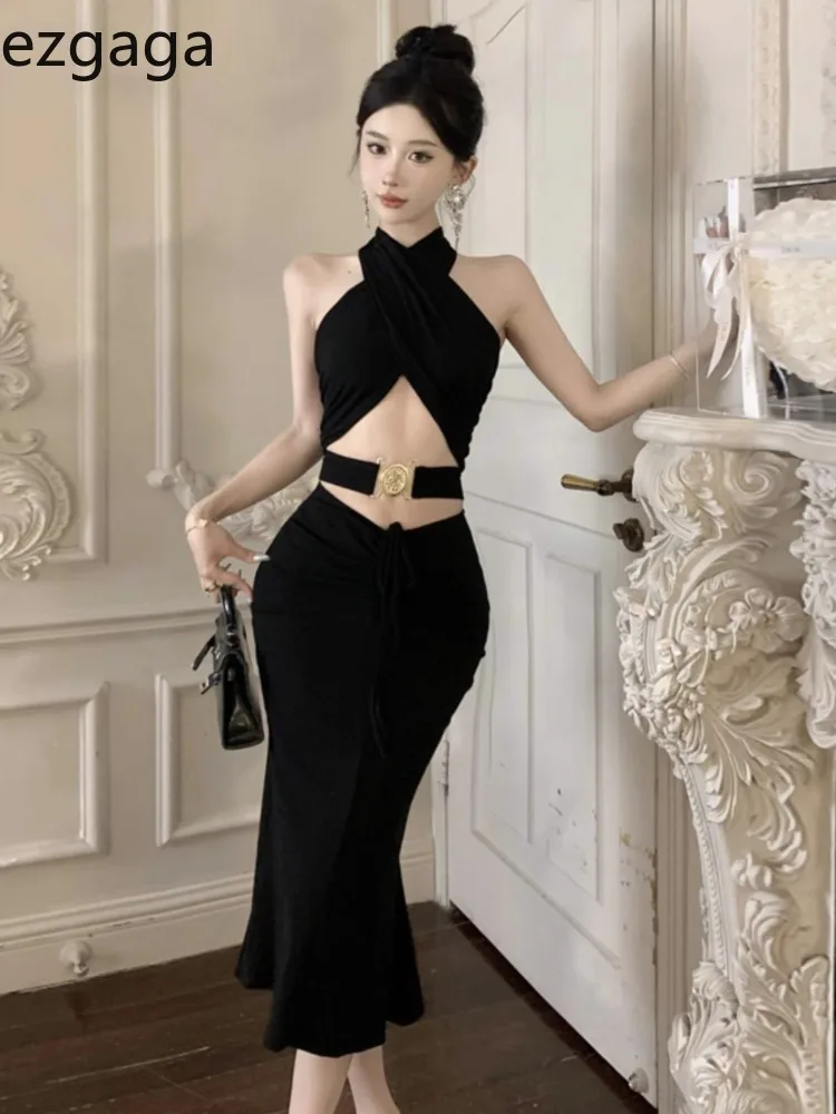 Ezgaga Two Piece Set Women Sexy Hollow Out Crop Tank Top Halter Camis Bandage Backless Slim Mermaid Skirts Party Suits Clubwear