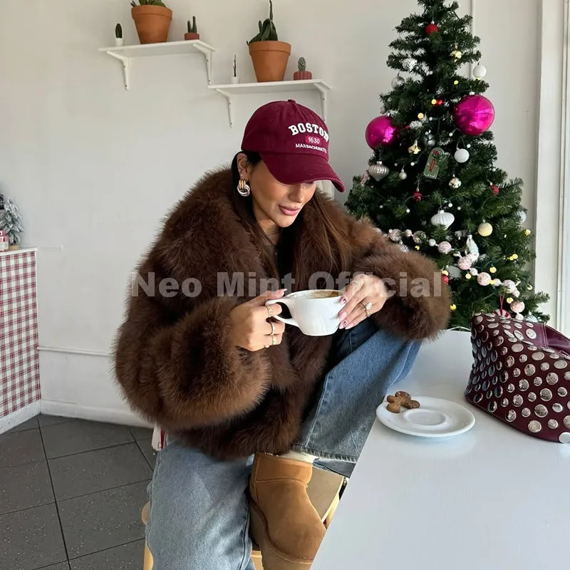 Neo Mint Winter 2025 Trendy Brown Obsession Cropped Shawl Collar Faux Fur Coat Women Jacket Chic Girls Brand Fox Fur Outerwear