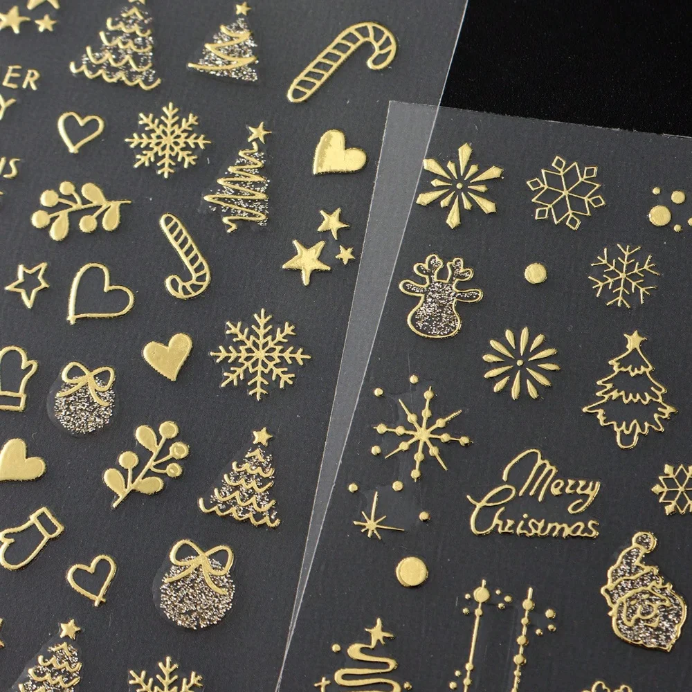 황금 눈송이, 크리스마스 트리, 순록 하트, DIY 휴일 네일 아트가 있는 크리스마스 및 새해 네일 스티커 2개
