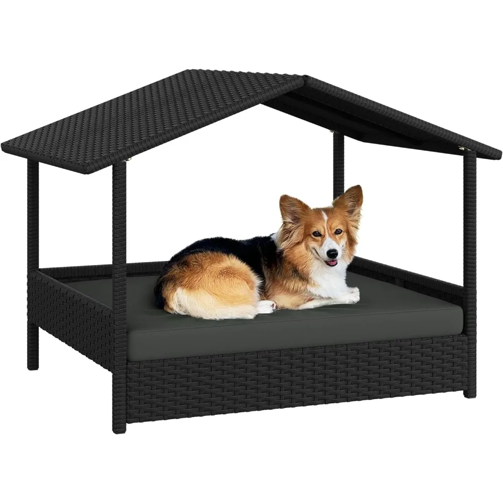 

Wicker Dog House Outdoor Indoor with Canopy, Elevated Dog Shelter Dog Bed with Cushion for Small/Medium Dogs, Shade for Deck, P