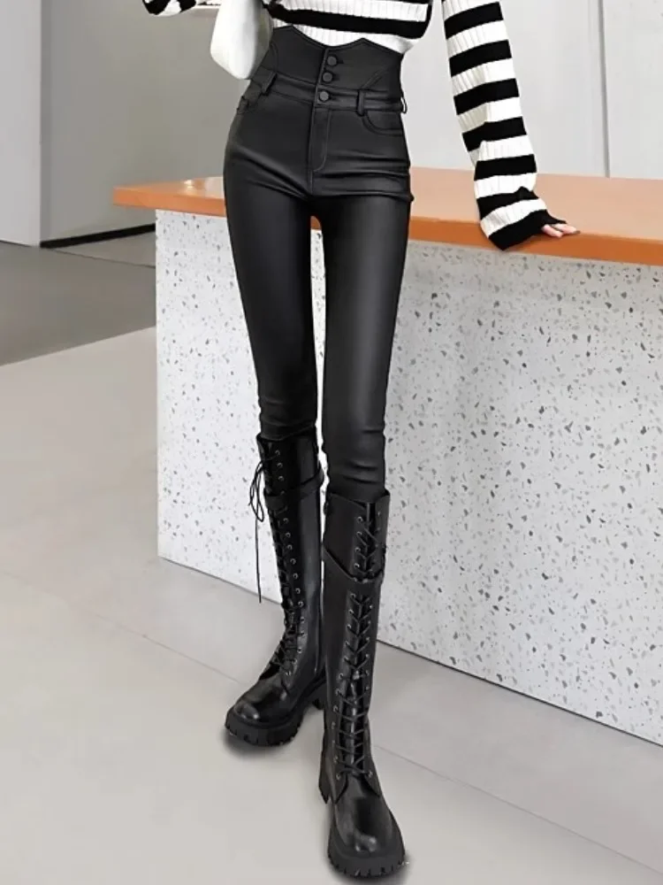 Fleece-Lined Leather Pants High-Quality PU Leggings Fall/Winter Black Elastic Matte Slim Wearing Small Feet Tight Trousers Women