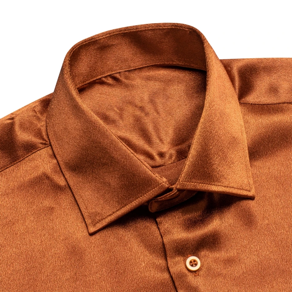 Hi-Tie Mens Shirts Brown Orange Silk Satin Lapel Collar Solid Long Sleeve Social Dress Shirt Soft High Quality Blouse for Male