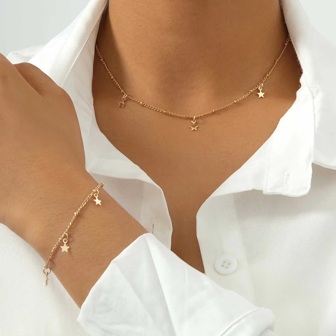 Conjunto de Collar y Pulsera con Mini Estrella, en Tono Dorado, con Colgante de Estrella Pequeña, Joyería Delicada para Mujer, Kit de Joyería para Combinar en Capas
