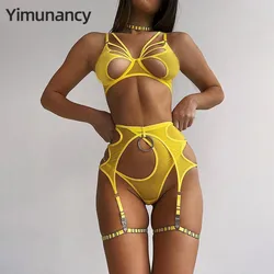 Yimunancy 4-Piece Mesh Exotic Set Women Choker Bandage Fancy Kit Yellow Cut Out Sexy Lingerie Set