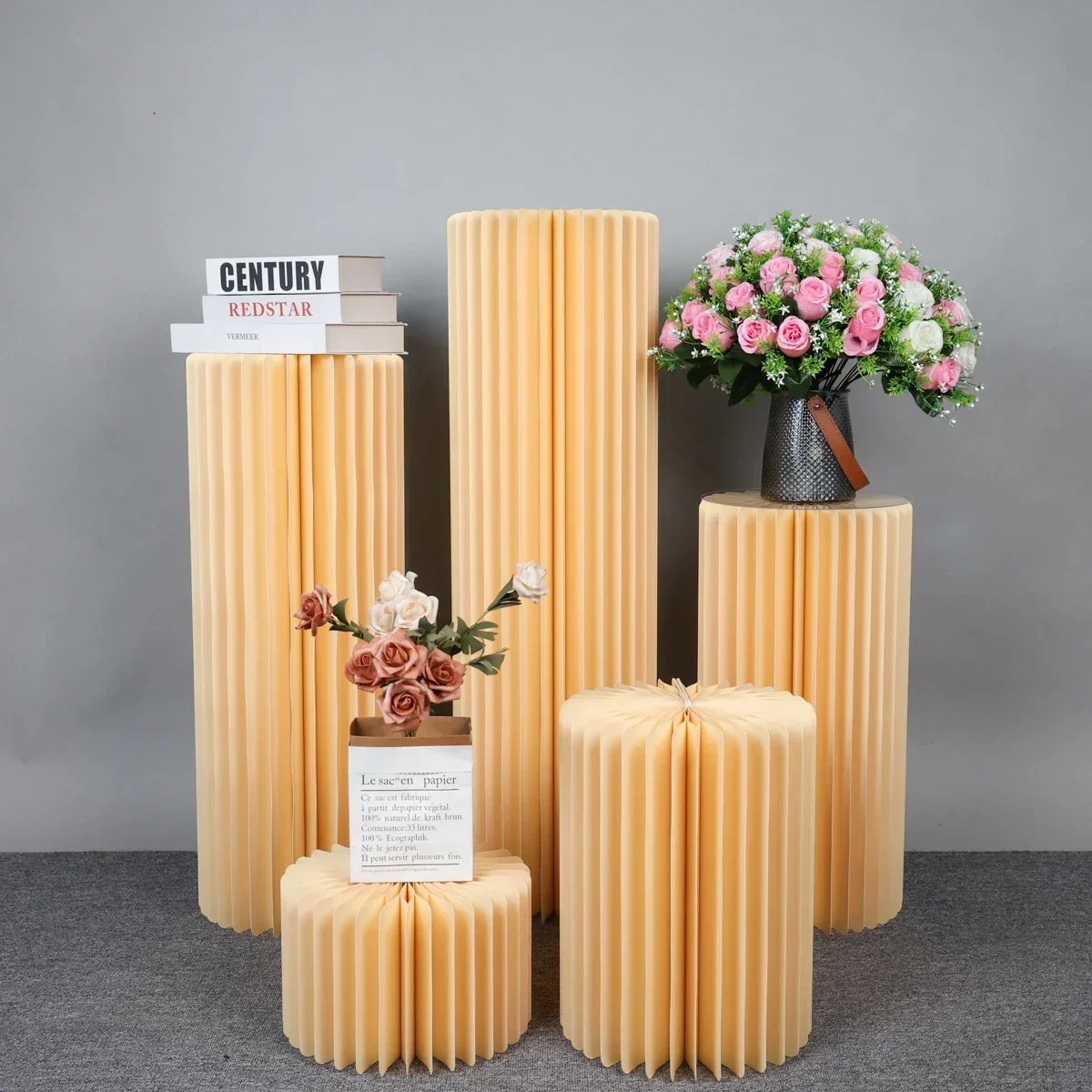 Cylinder Party Round Foldable Cylinder Pedestal Stand Plinth Pillars Dessert Table with Acrylic Birthday Wedding Bridal Parties