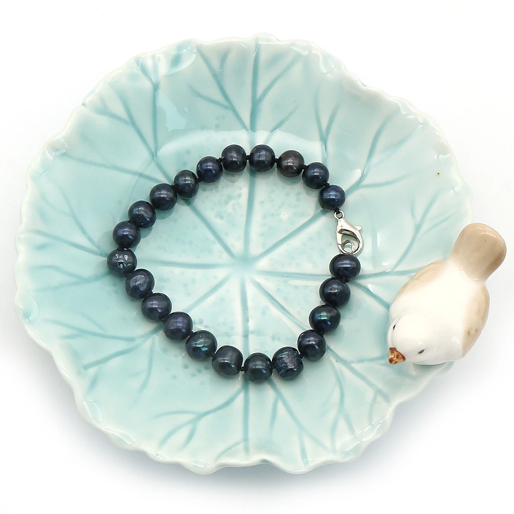 

8-9mm Round Pearl Bracelet Dyed Black Freshwater Pearl Straight Hole Beaded Jewelry 1 Strand For Halloween Wear Accessories