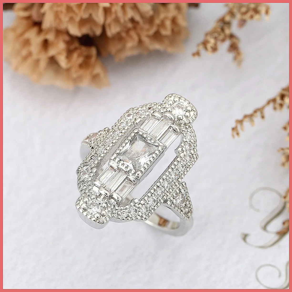 Geometric Square Princess Ring for Women, Sparkling Cubic Zirconia Lace Edge Fashion Jewelry