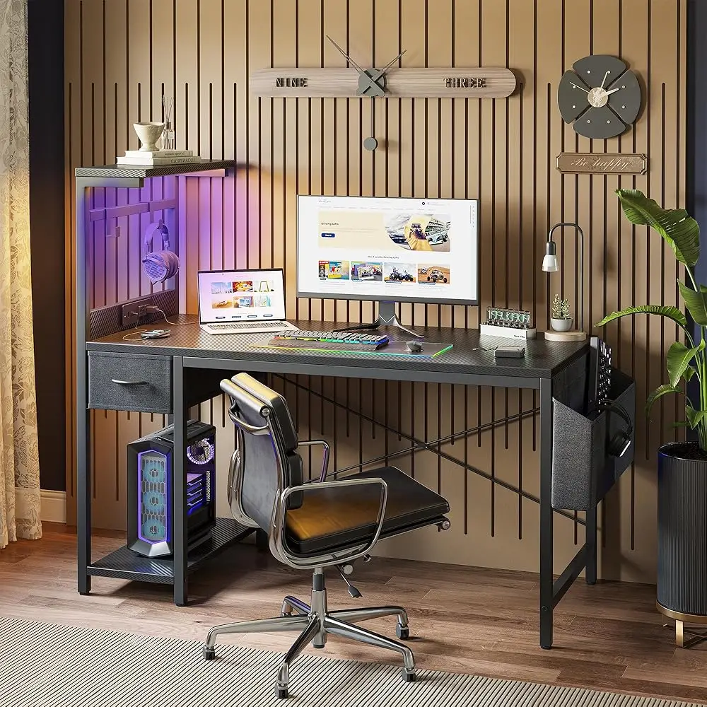 Gaming Desk 47 H With Power Outlet And Led Light, Computer Desk With Reversible Shelves And Storage Drawer, Small Pc Desk For