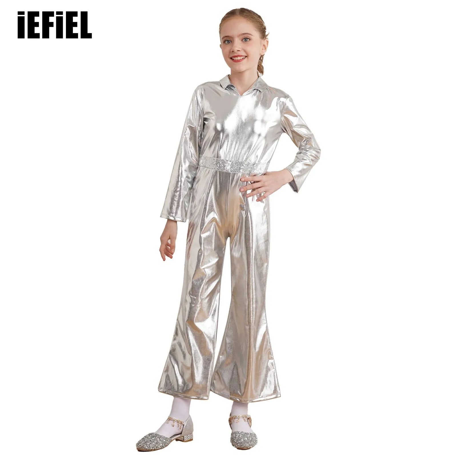 Kids Boys Girls Disco Dance Jumpsuit Metallic Shiny Bell-Bottomed Leotard Halloween Role Play Stage Performance Costume