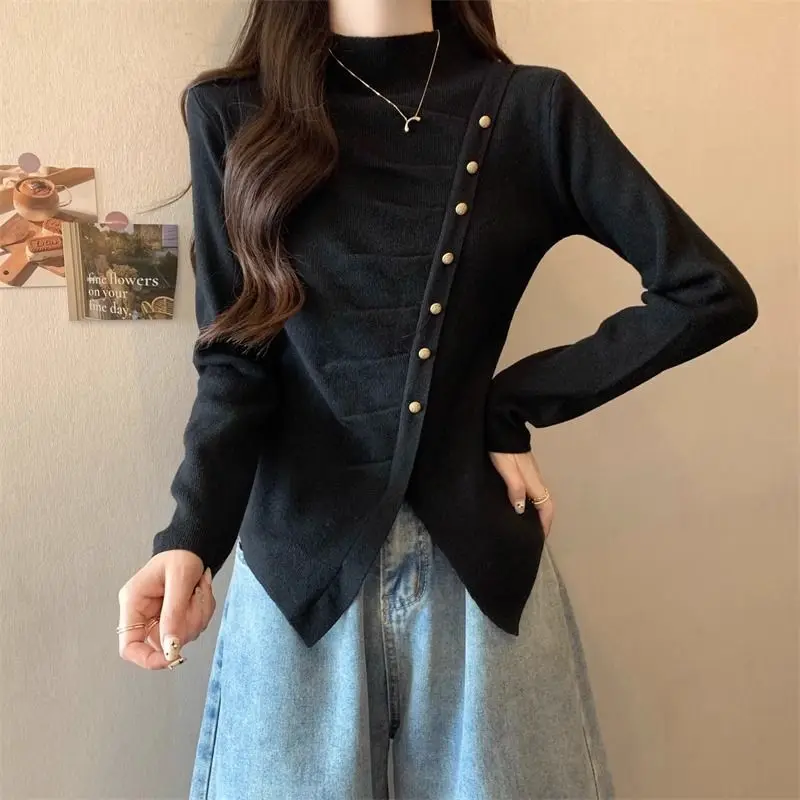 Casual Half High Collar T-shirt Autumn Winter Fashion Irregular Folds Female Clothing Solid Color Basic Spliced Button Pullovers