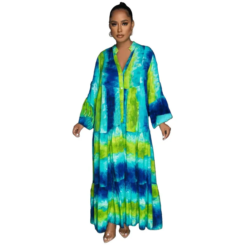 2024 Spring New Arrival African Women Long Sleeve V-neck Print Long Maxi Dress Dashiki African Dresses for Women Outfits Gowns