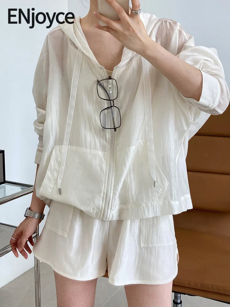 

ENjoyce Summer Women Two Pieces Set Hoodie Zipper Tracksuit Casual Outfits Beige Long Sleeve Sun Protection Daily Sports Suits