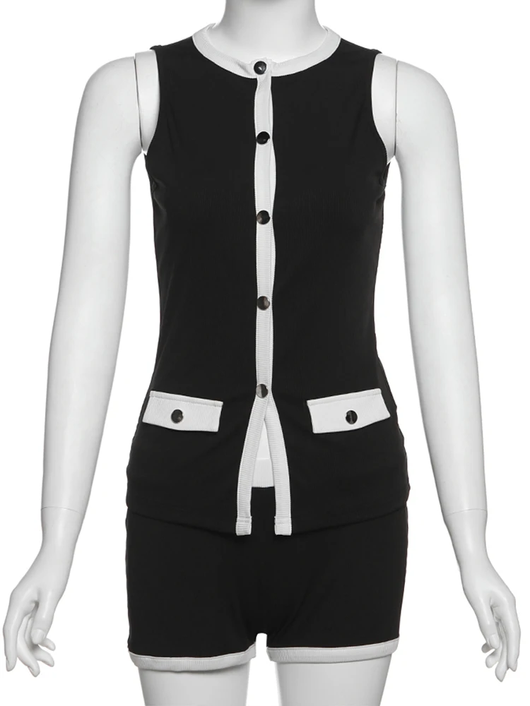 Ensemble 2 pièces en Patchwork côtelé pour femmes, haut sans manche à simple boutonnage + short extensible, tenues classiques tendance décontractées quotidiennes