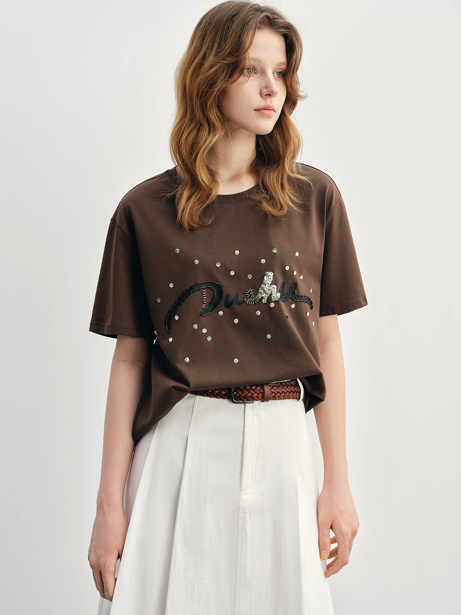 ​FSLE Summer 2025 Letter Print T-Shirt - Beaded Detail Round Neck Loose Fit Casual Top Women Fashion​