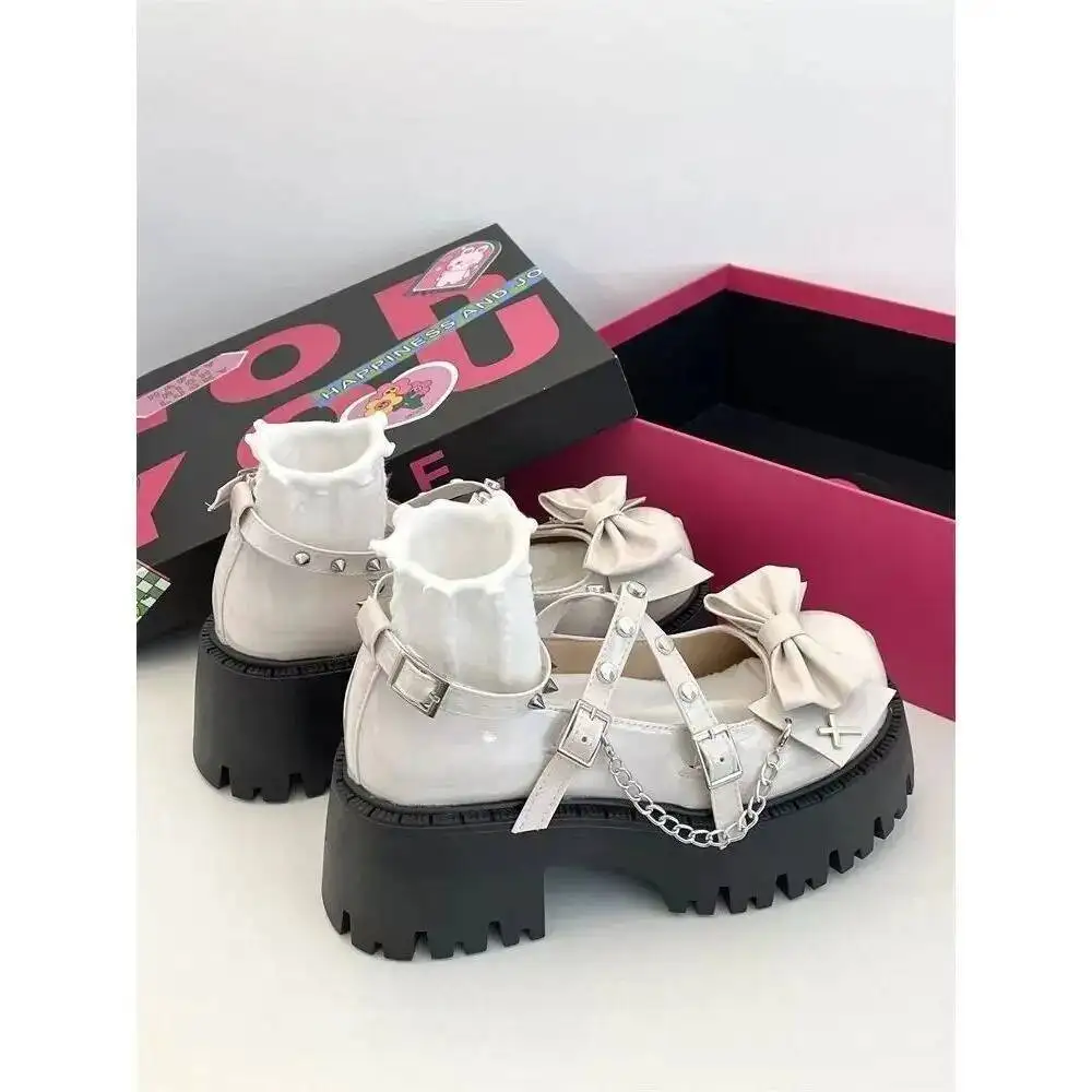 Lolita Shoes 2025 New Women's Punk Rivet Thick Soled Leather Shoes Low Cut Bowknot Platform Japanese Loafers Shoes