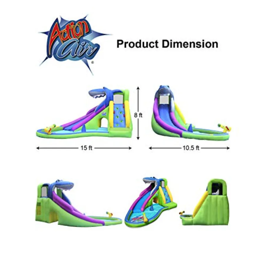 Inflatable Water Slide for backyard use, shark-themed bounce house with slide, wet/dry play, water spray and pool, durable sewn