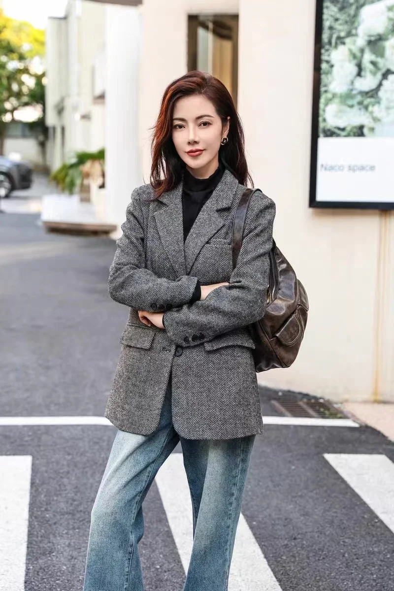 

Blazer Collar Quality Wool Coat for Women, Autumn Winter New Herringbone Wool Coat Loose Slimming Versatile Petite Jacket Trendy