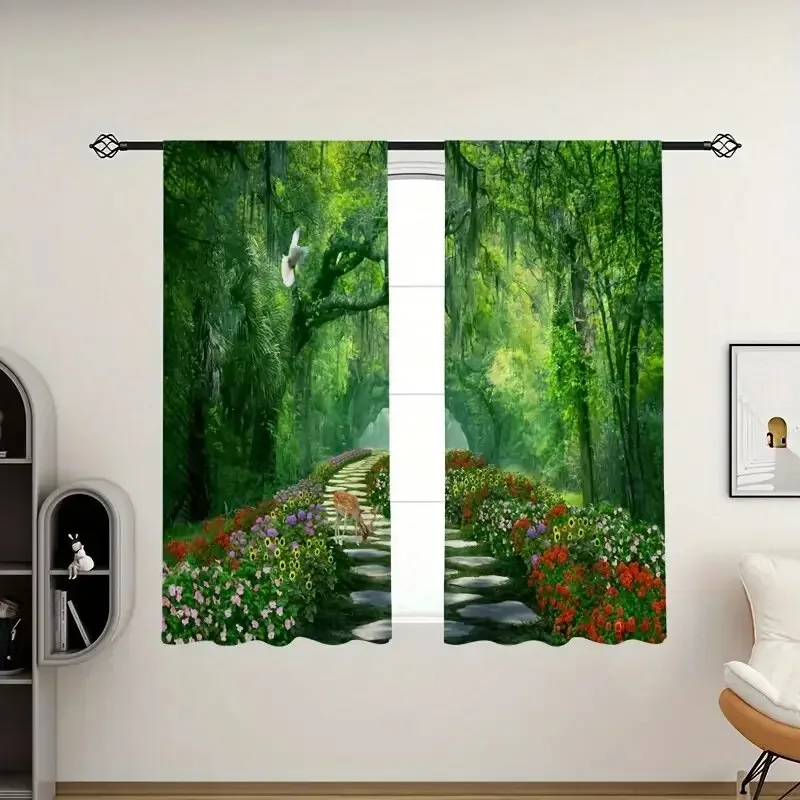 ستائر مطبوعة لمسار الغابة والزهور، ستائر كيس عمود، 42*84، غرفة النوم وغرفة المعيشة، ديكور المنزل، ديكور الغرفة