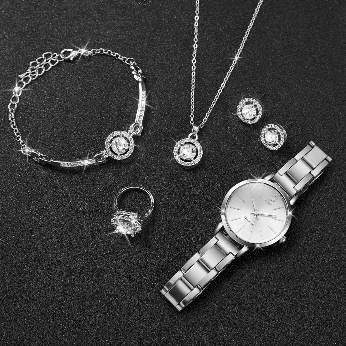 6PCS/Set Women Watches Fashion Stainless Steel Band Quartz Watch Diamond Jewelry(Without Box)