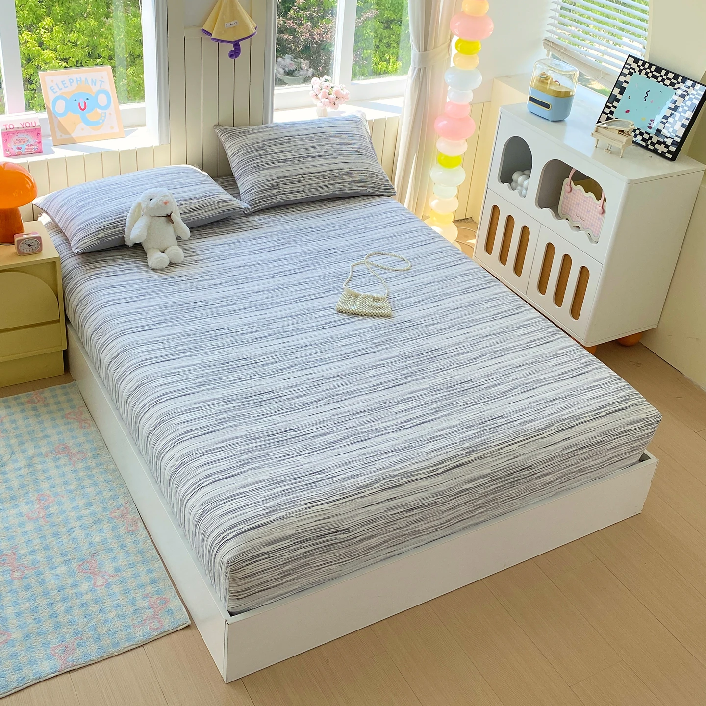 Puff Yarn Bed Sheet Stripe Printed Fitted Sheet roupa de cama Single/Queen/King Bed Cover for Twin Bed sabanas matrimoniales
