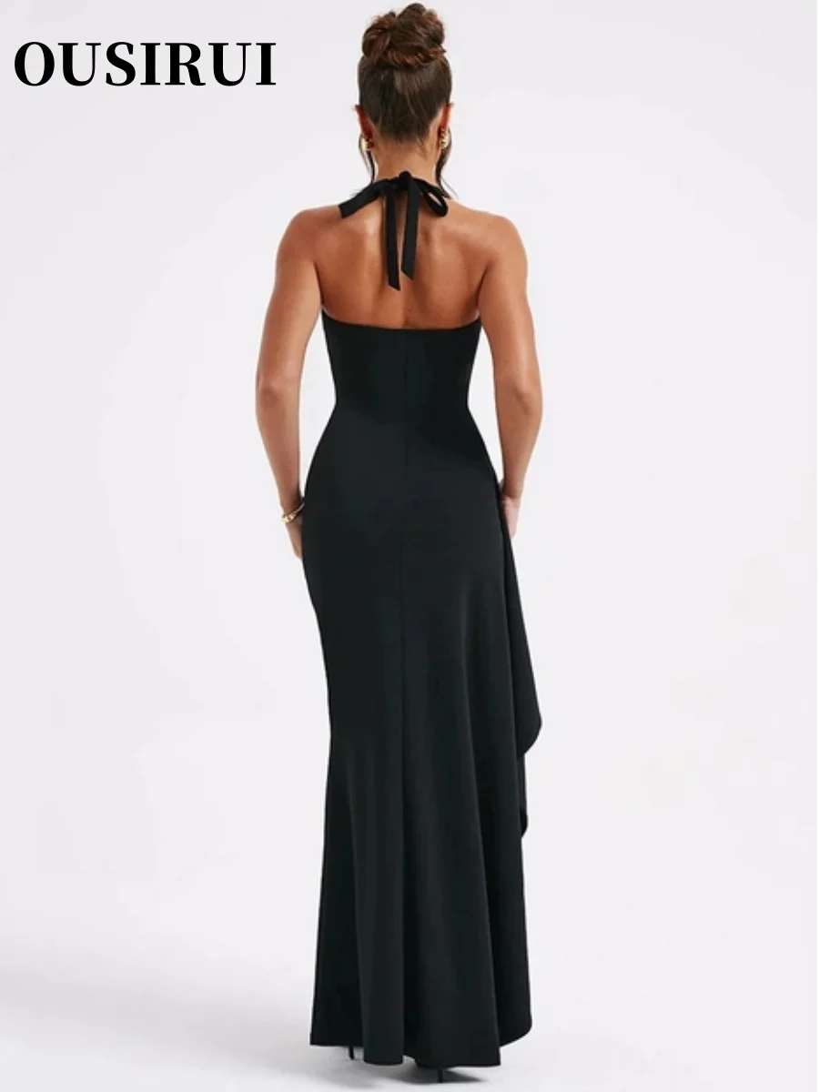 OUSIRUI Halter Sleeveless Backless Bodycon Club Party Sexy Long Dress New Deep V Neck Thigh High Split Maxi Dress Women