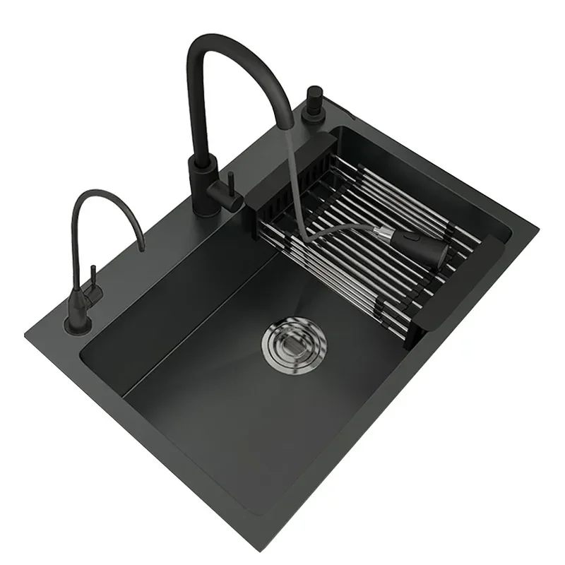 Nano Black Stainless Steel Kitchen Sink Large Single Bowl Dishwashing Basin Vegetable Washing Set for Home Use