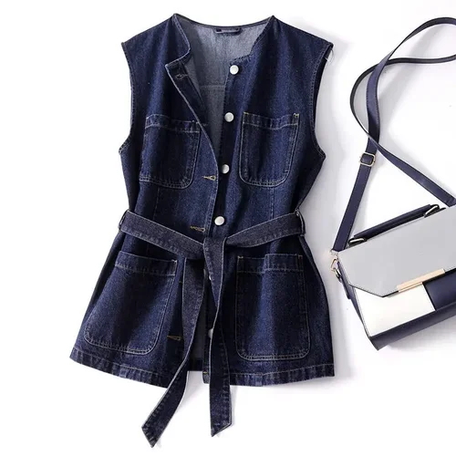 Chaleco vaquero sin mangas para mujer, cárdigan de primavera y otoño, abrigos de moda coreana, Tops de marca con Bolsillo grande