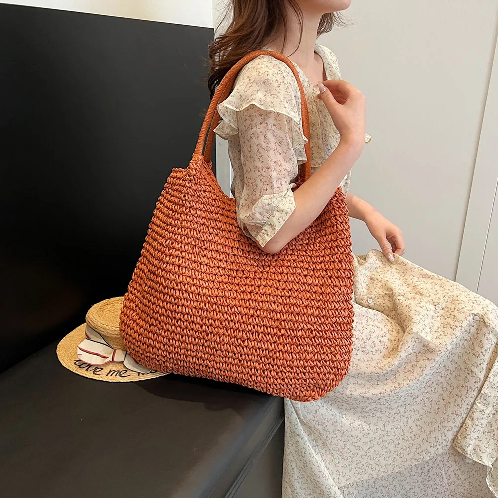 

Women Straw Tote Handbag Large Capacity Retro Straw Handbag Solid Color Simple Weaving Handbag Ladies Summer Daily Bag