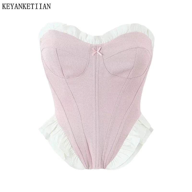 KEYANKETIAN 2024 nuovo lancio corsetti impreziositi in pizzo da donna stile Lolita ragazza piccante cerniera posteriore dolce Slash neck Crop Vest