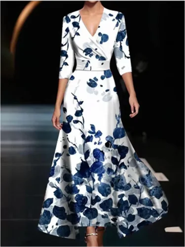 Imagen 2 del producto Vestido de mujer con estampado geométrico de manga larga y cuello en V de cintura alta, ropa de calle elegante a la moda para uso diario, vestidos de mujer