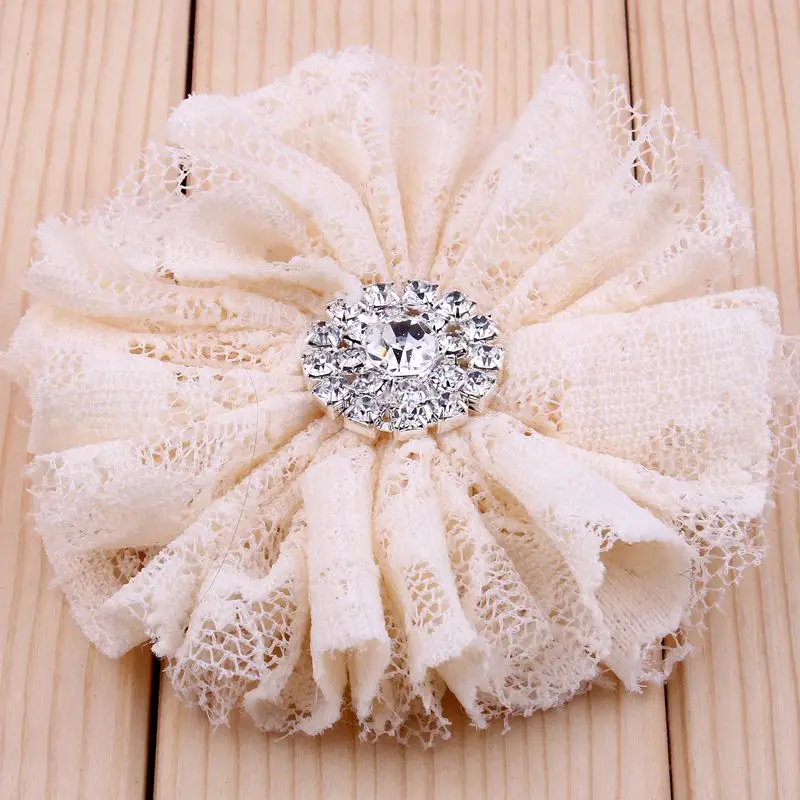 200pcs/lot 7CM 15 Colors Factory Price Handmade Tulle Frayed Fluffy Fabric Hair Flower Accessory+Bling Alloy Rhinestone Button