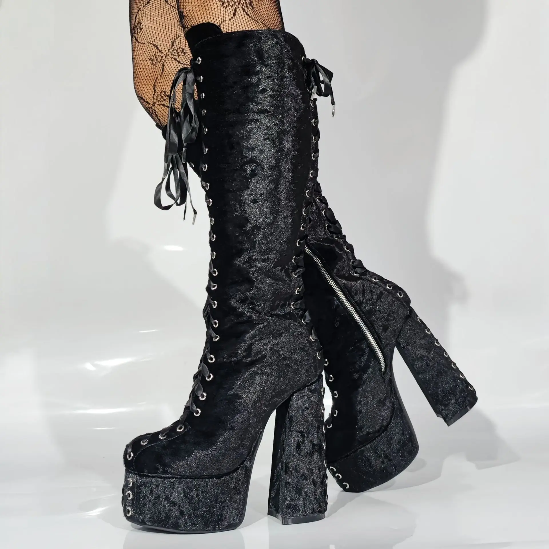 

Black Suede Cross Strap Knee-High Boots Punk Gothic Style Chunky High Heels Plus Size Side Zipper Women Platform Long Boots