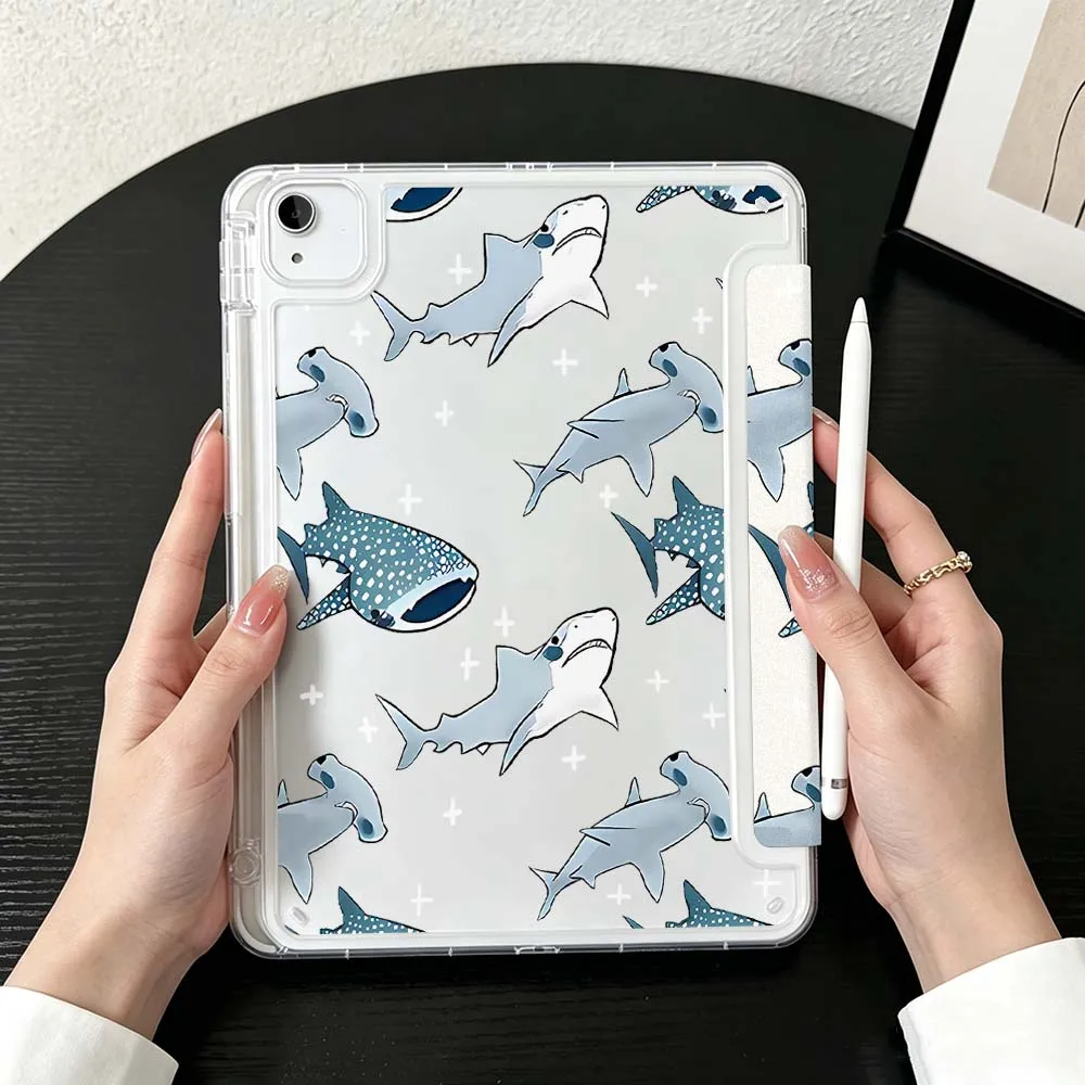 Shark Fish Pattern Case For iPad Mini Pro Air 5 6 7 8 9 10th 11th 11 9.7 10.9 13 inch Transparent Y-Shaped Folding Tablet