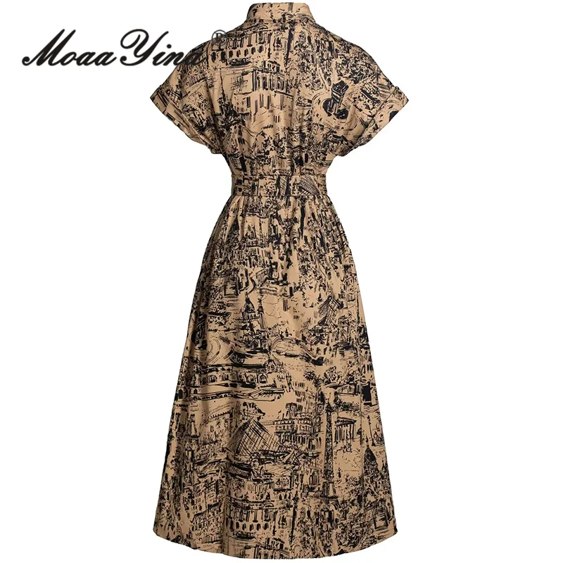 MoaaYina Summer Fashion Designer High Quality Cotton Women Dresses Bohemian Vintage Print Sashes Single Breasted Dresses