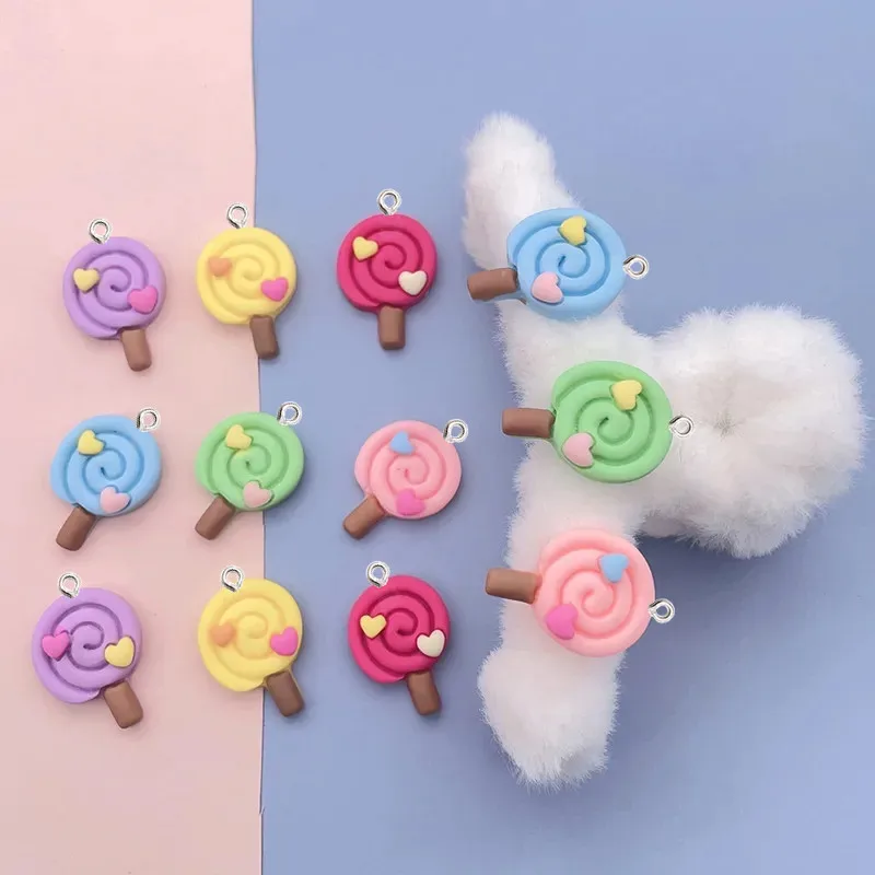 10 buah Kawaii kartun Lollipop Resin liontin DIY wanita anting liontin kalung gelang gantungan kunci dekorasi datar Resin belakang