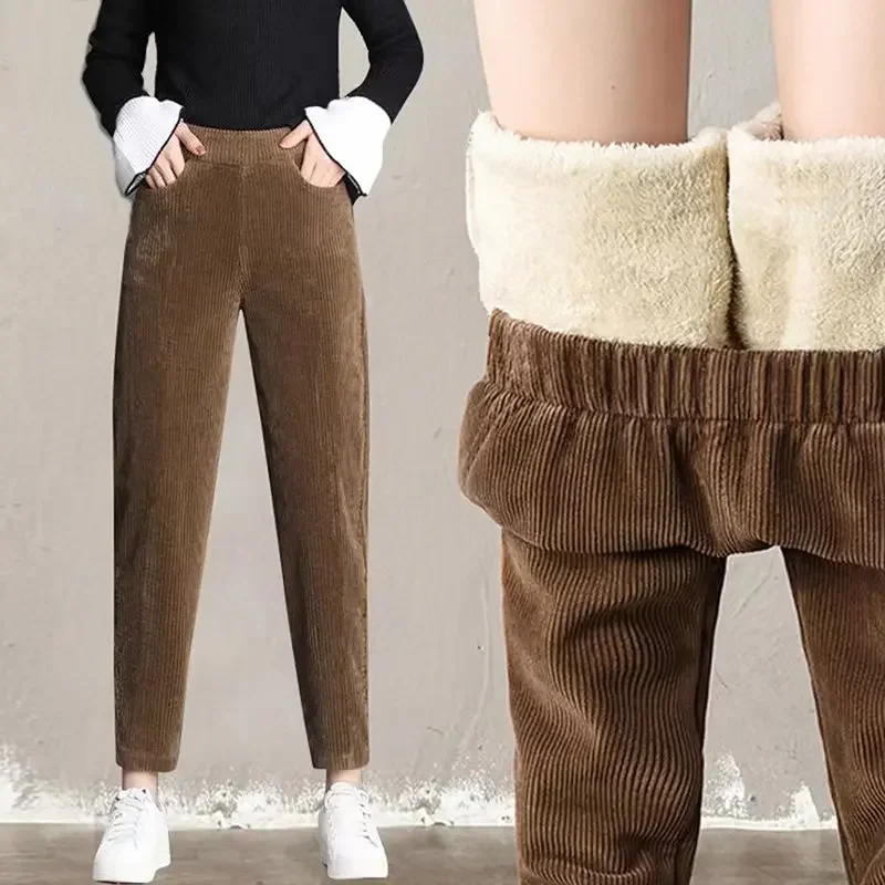 

Women Corduroy Warm Pants Thick Plush Casual Pants Autumn Winter Leggings High Waist Harem Pants Trousers