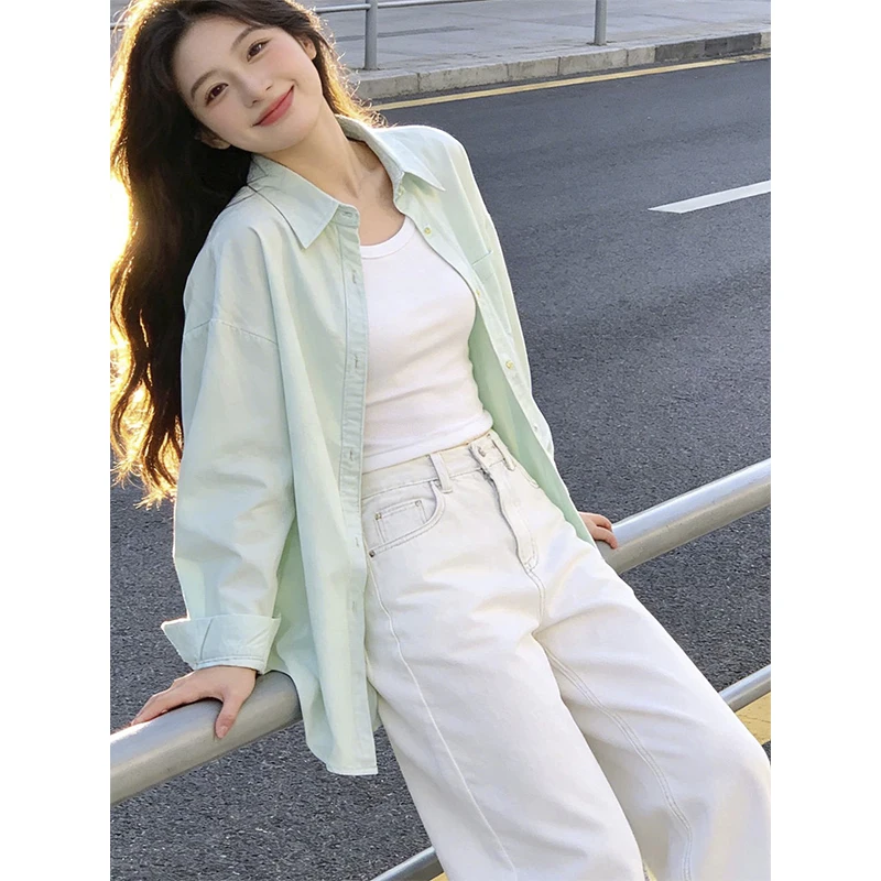 Mint Green Women' Shirt Summer Korean Style Casual Loose Single Breasted Lapel Coats Thin Pocket Sun-protective Clothing